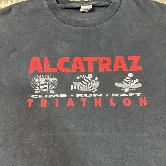Vintage Alcatraz Triathlon Climb Run Raft Graphic Black T-Shirt Men Sz XL - Picture 2 of 4